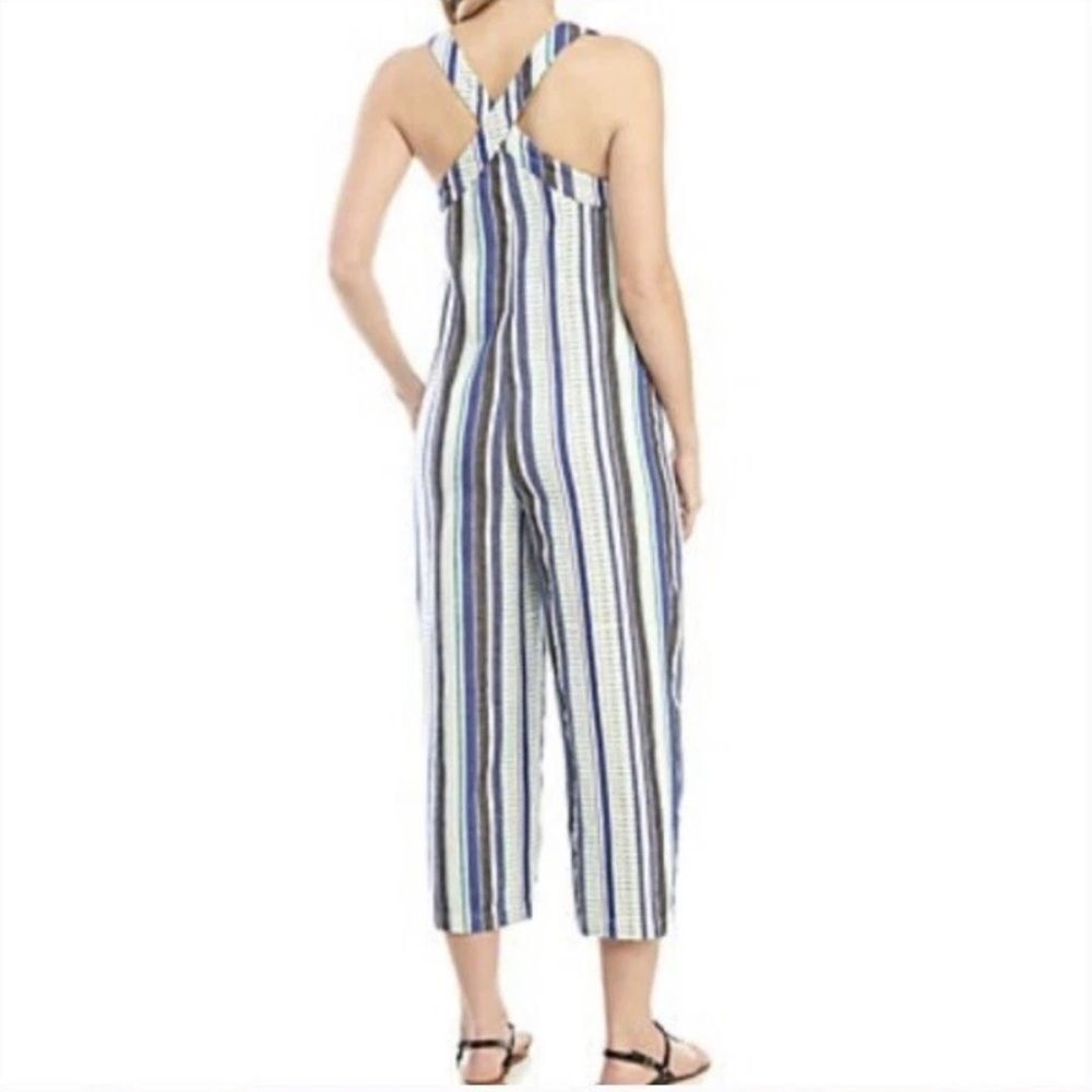 True Craft Boho Cotton Navy and White Striped Sleeveless V-Neck Jumpsuit - Picture 2 of 8